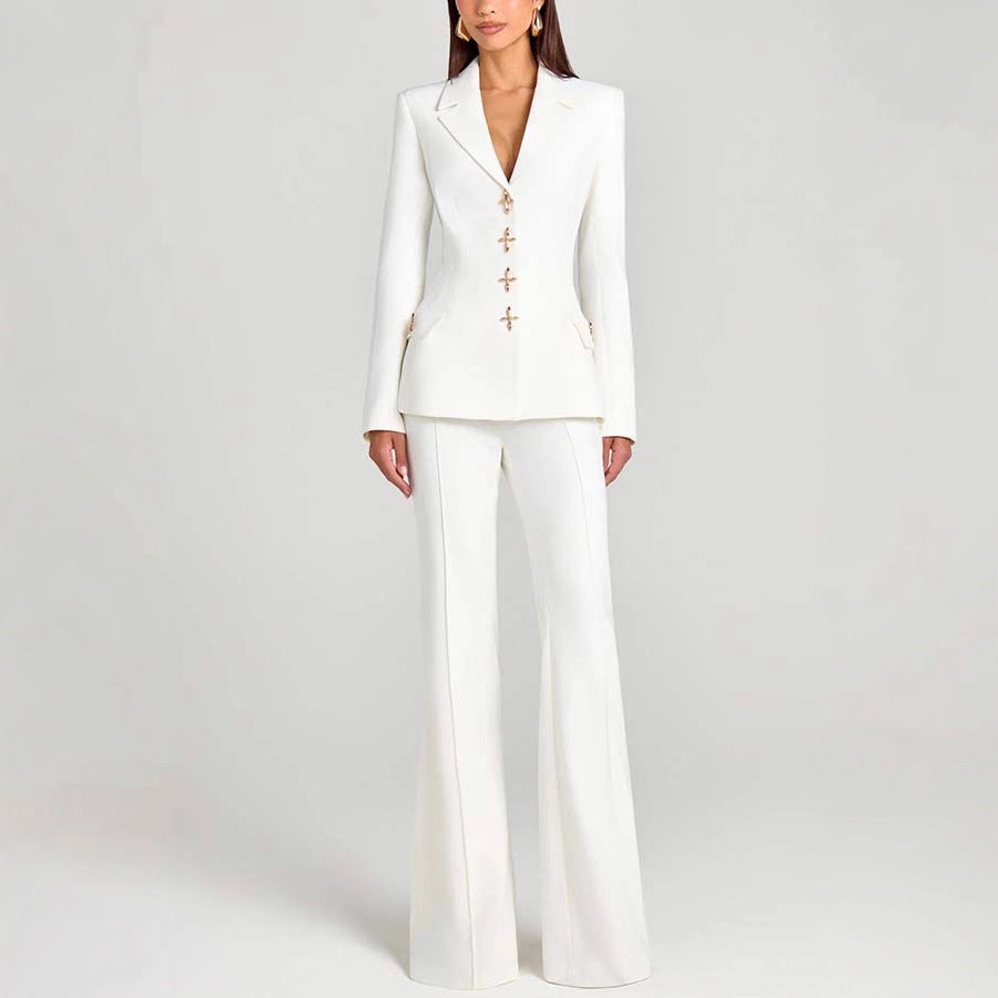 Women's solid-color long-sleeve blazer with metallic zipper detail, casualwear from FitiqueFit, shown on a neutral background.