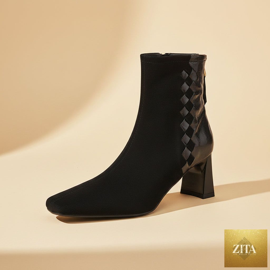 Zita La Belle Elite women's sheepskin square toe ankle boots with chunky heels and Korean patchwork style, shown from side view.