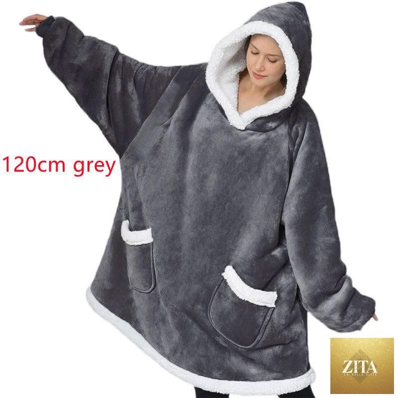 Mandotos winter TV hoodie blanket in warm, oversized pullover style with pockets, ideal for cozy home wear for women and men.