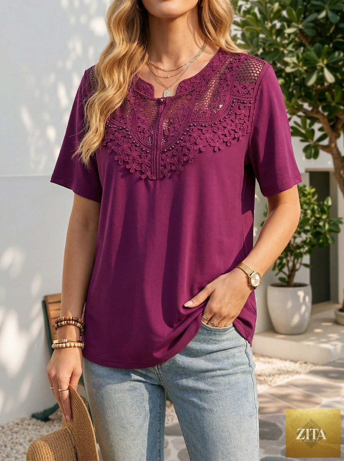 Zita La Belle Elite women's pearl-trim hollow-out casual T-shirt with loose fit, short sleeves, stylish and comfortable for everyday wear