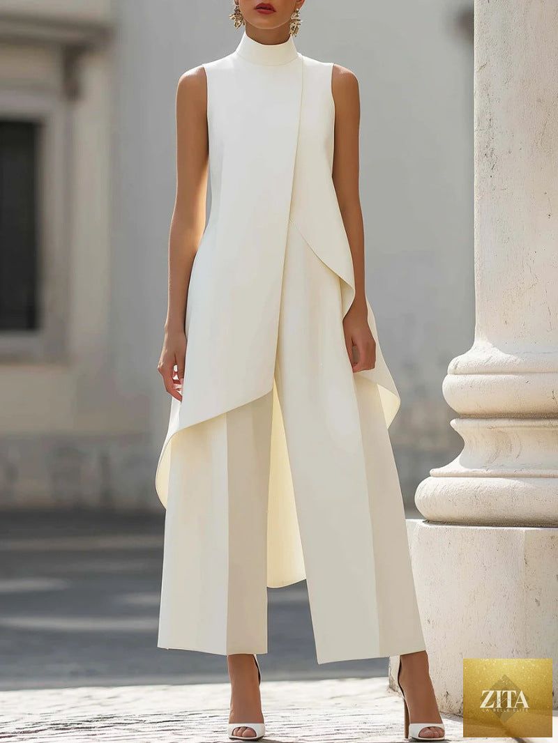 Women's Mock Turtleneck Sleeveless Asymmetric Cascade Drape Longline Top & Wide-Leg Cropped Trouser Set