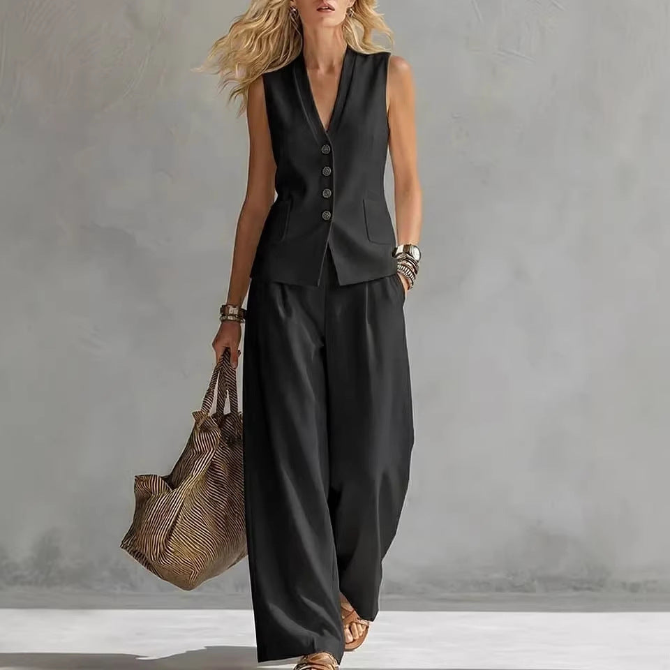Women's solid linen sleeveless tank top and full-length pants set by FitiqueFit, casualwear, lightweight and comfortable for warm weather.