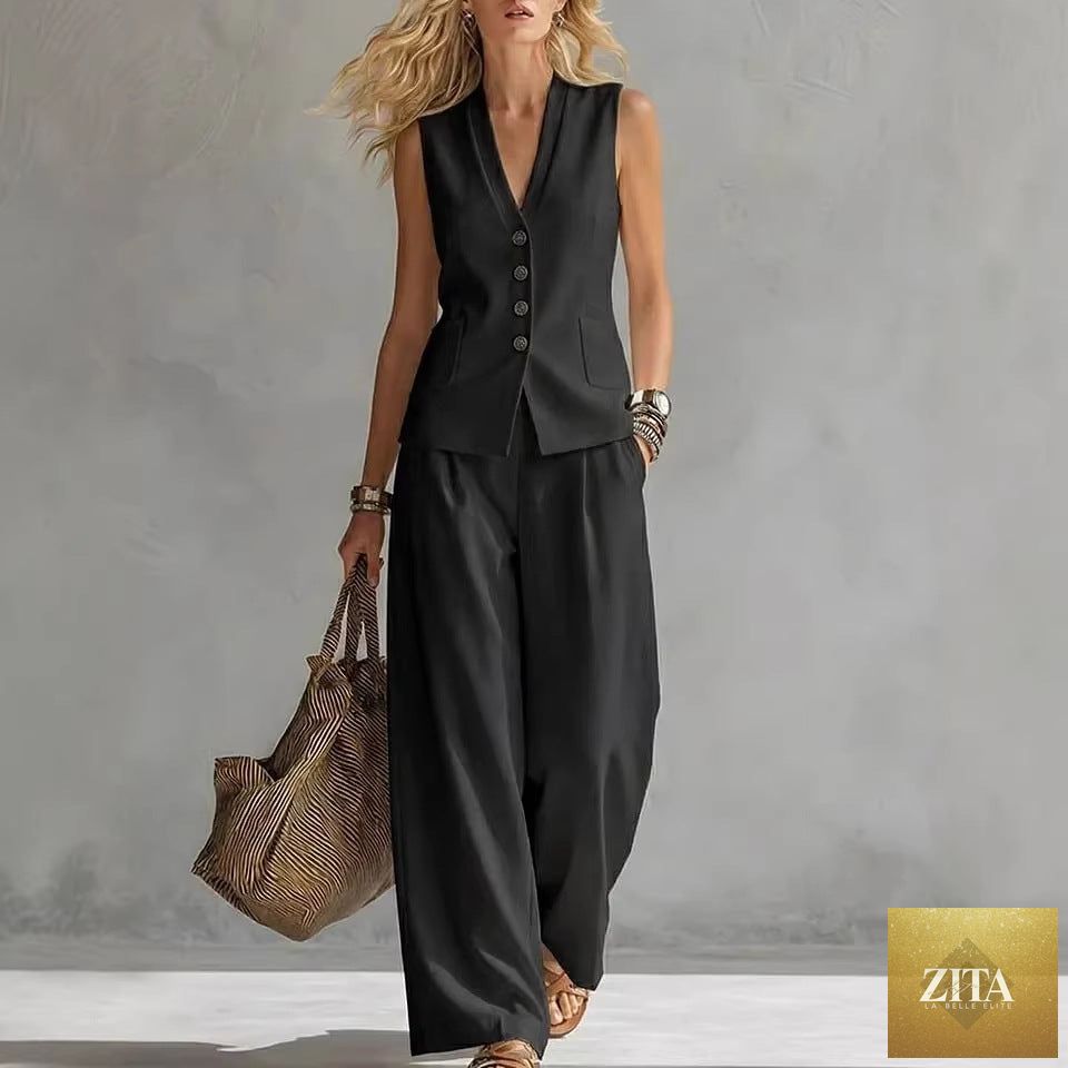 Women's solid linen sleeveless tank top and full-length pants set by Zita La Belle Elite, casualwear with relaxed fit and breathable fabric.
