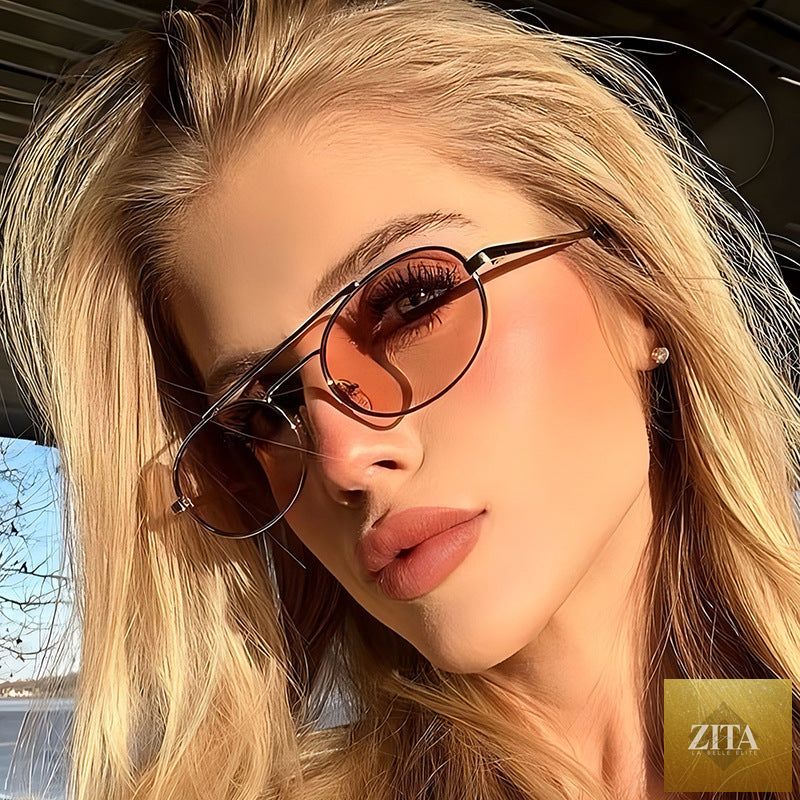 Retro oval dual-beam metal sunglasses with UV protection, featuring metal frames and tinted lenses for stylish eye wear.