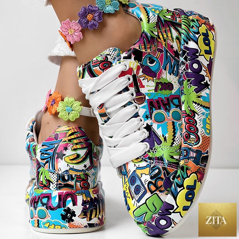 Women’s round-toe thick-sole lace-up sneakers by FitiqueFit, casual print shoes, showcasing stylish footwear with chunky soles.