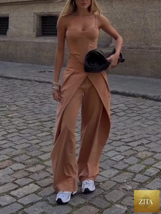 Zita La Belle Elite camel spaghetti strap corset top and wide-leg pants set worn by a model, casualwear fashion, size XS–2XL