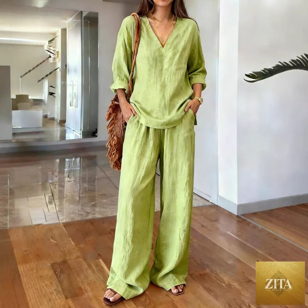 FitiqueFit long sleeve top and full-length pants two-piece set in various colors, modeled on a person showcasing the outfit.