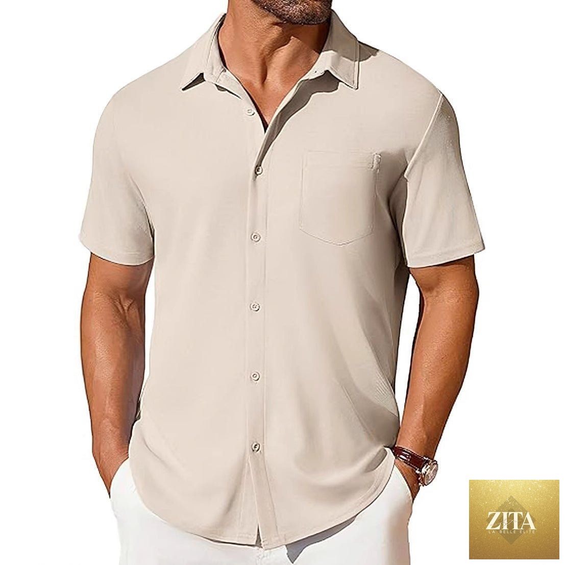 Mandotos men's short-sleeve button-up shirt with wrinkle- and crease-resistant fabric, shown in a casual fit with a collar and button details.