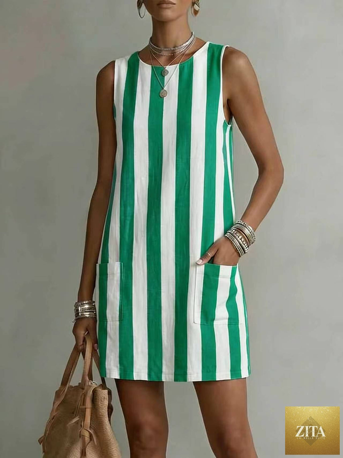 Women's striped color-block sleeveless mini dress by FitiqueFit, casualwear, featuring a loose fit and stylish design.
