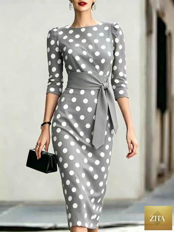 Women's retro polka-dot bodycon midi dress with belt and cross-tie from Zita La Belle Elite, perfect for casualwear.
