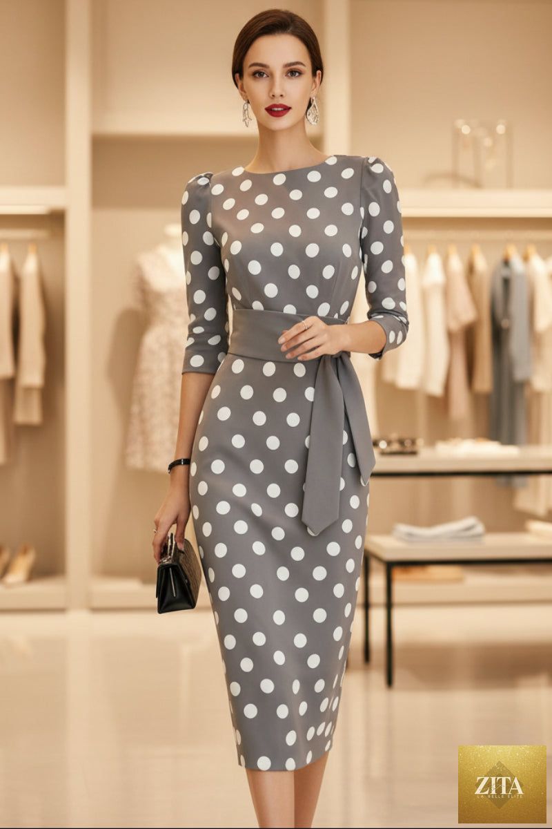 Women's retro polka-dot bodycon midi dress with belt and cross-tie from FitiqueFit, styled as casualwear.