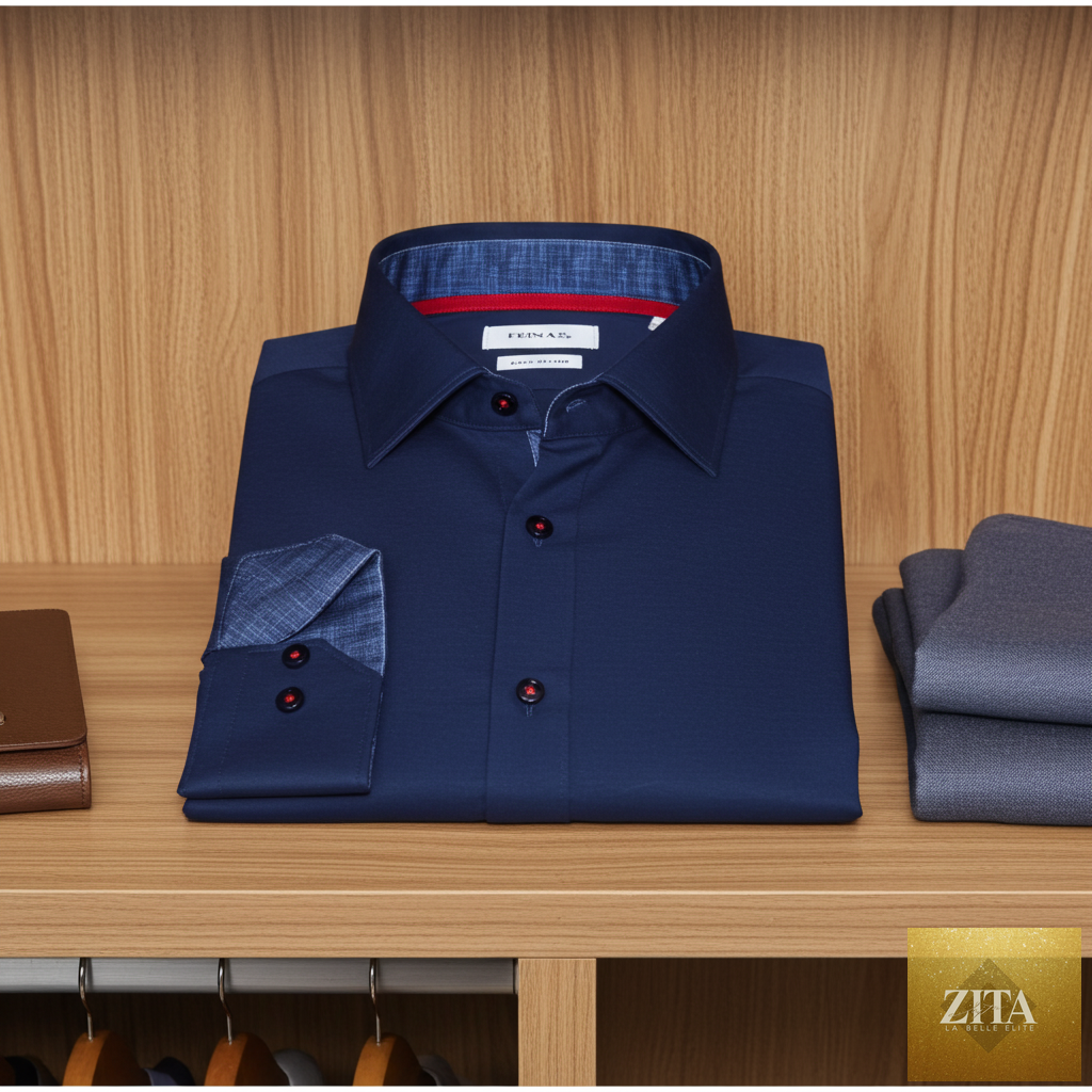 LEVINAS® navy cotton knit-stretch button-up shirt with contrast details, tailored fit, and long sleeves.