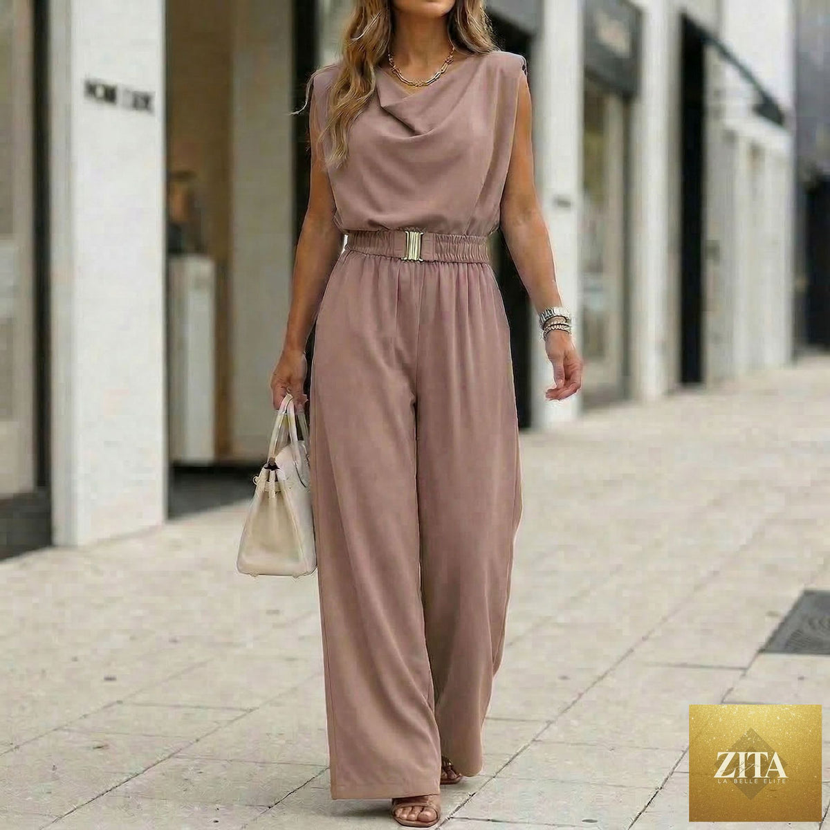Zita La Belle Elite women's off-shoulder sleeveless wide-leg jumpsuit with high waist and belt, casualwear fashion.