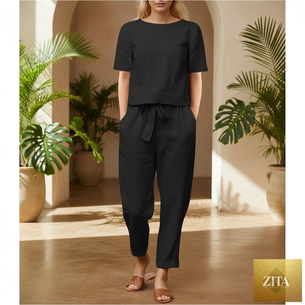 Zita La Belle Elite wide-leg pants two-piece set in solid color, casual lounge suit, featuring relaxed fit and comfortable fabric.