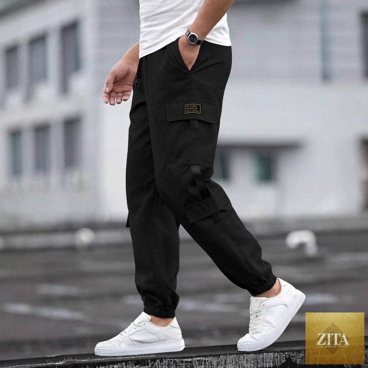 Mandotos men's retro jogger casual work pants in navy, featuring relaxed fit, elastic waistband, and practical side pockets.