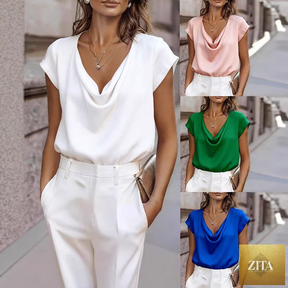 Zita La Belle Elite women's short-sleeve turtleneck casual top in loose fit, displayed on a model with neutral background.