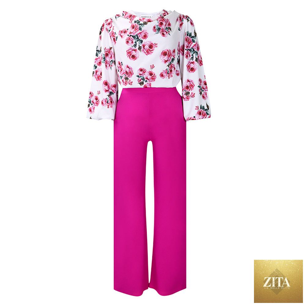 Zita La Belle Elite floral lace-up top and wide-leg pants casualwear set in multiple colors, displayed on a model.