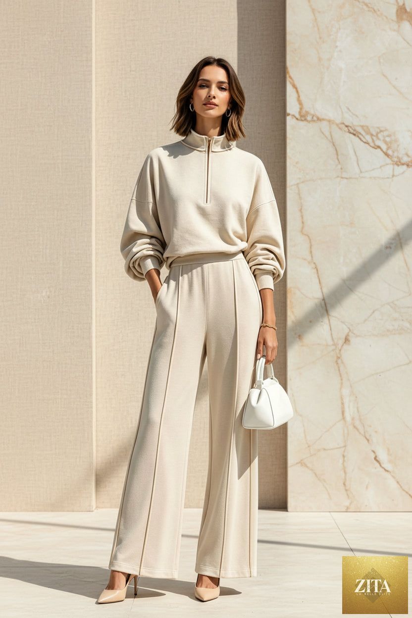 Women's Half-Zip Hoodie & Wide-Leg Pants Set