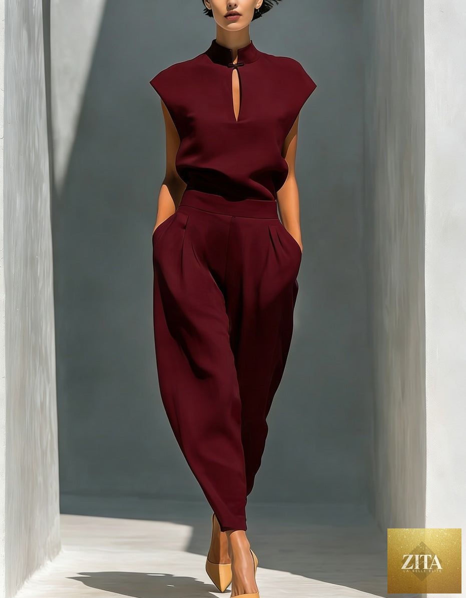 Zita La Belle Elite women's Chinese-style satin short-sleeve top and pants casualwear set, featuring smooth fabric and traditional design details.