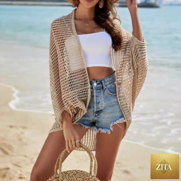 Zita La Belle Elite women's hollow-out shawl cardigan with batwing sleeves, sun-protective casual cover-up, light and breathable fabric.