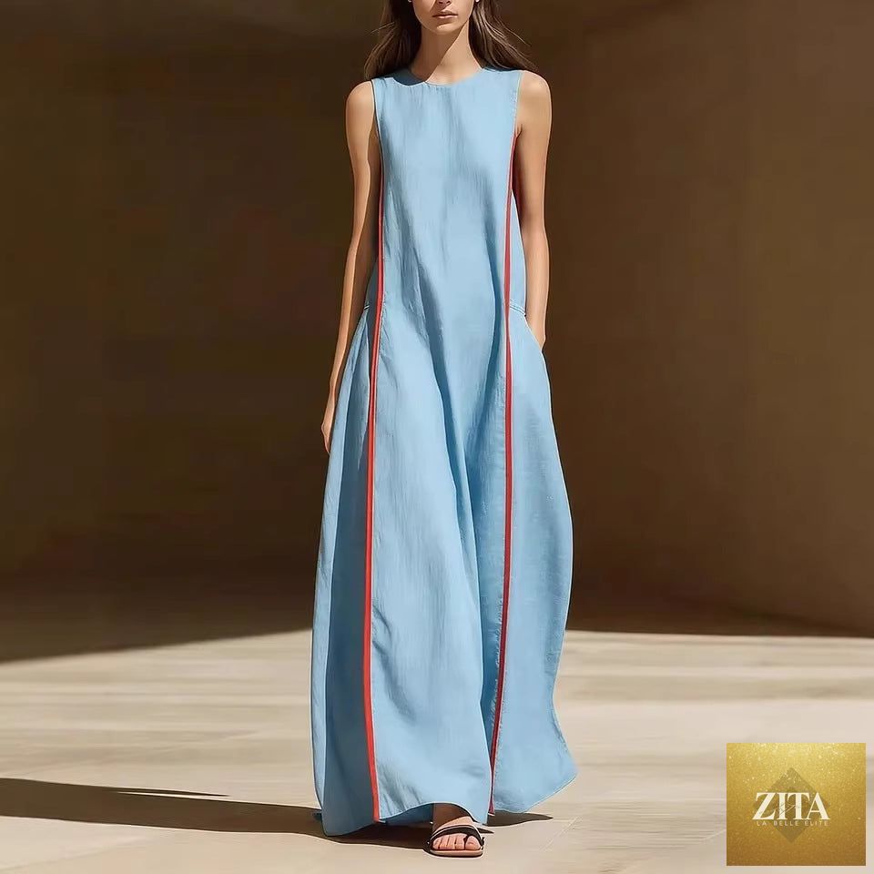 Women's linen sleeveless striped maxi dress by Zita La Belle Elite, featuring a loose fit and casual style.