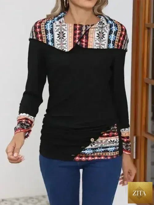 Printed collared neck long sleeve blouse by Femstylo, women's clothing featuring a stylish design and button-front detail.