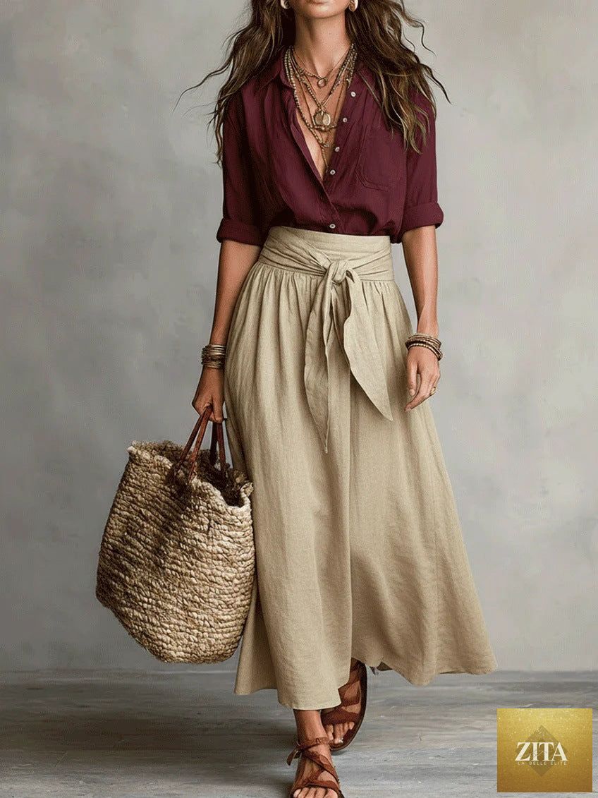 FitiqueFit two-piece set with a button-down shirt and straight skirt, featuring a stylish and coordinated outfit for women.