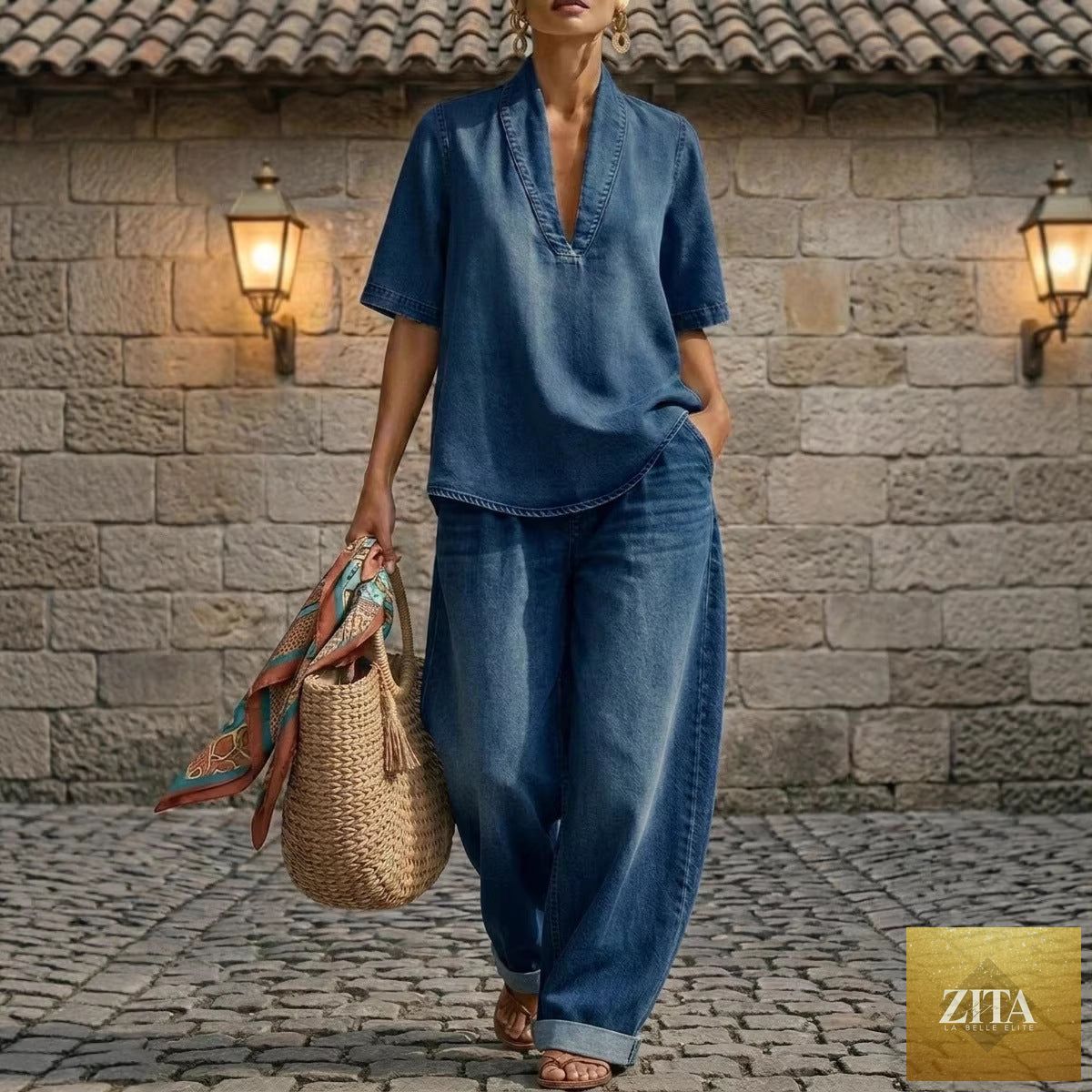 Zita La Belle Elite retro V-neck washed denim top with matching wide-leg pants set in three colors, available in sizes S to 3XL.