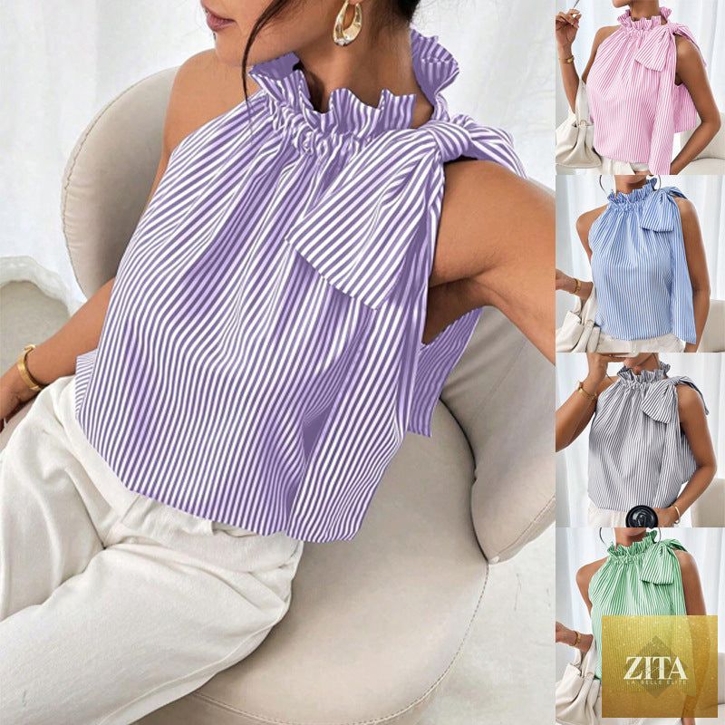 Women's striped sleeveless top by FitiqueFit with ruffle high neck, lace trim, and tie-knot bow detail.