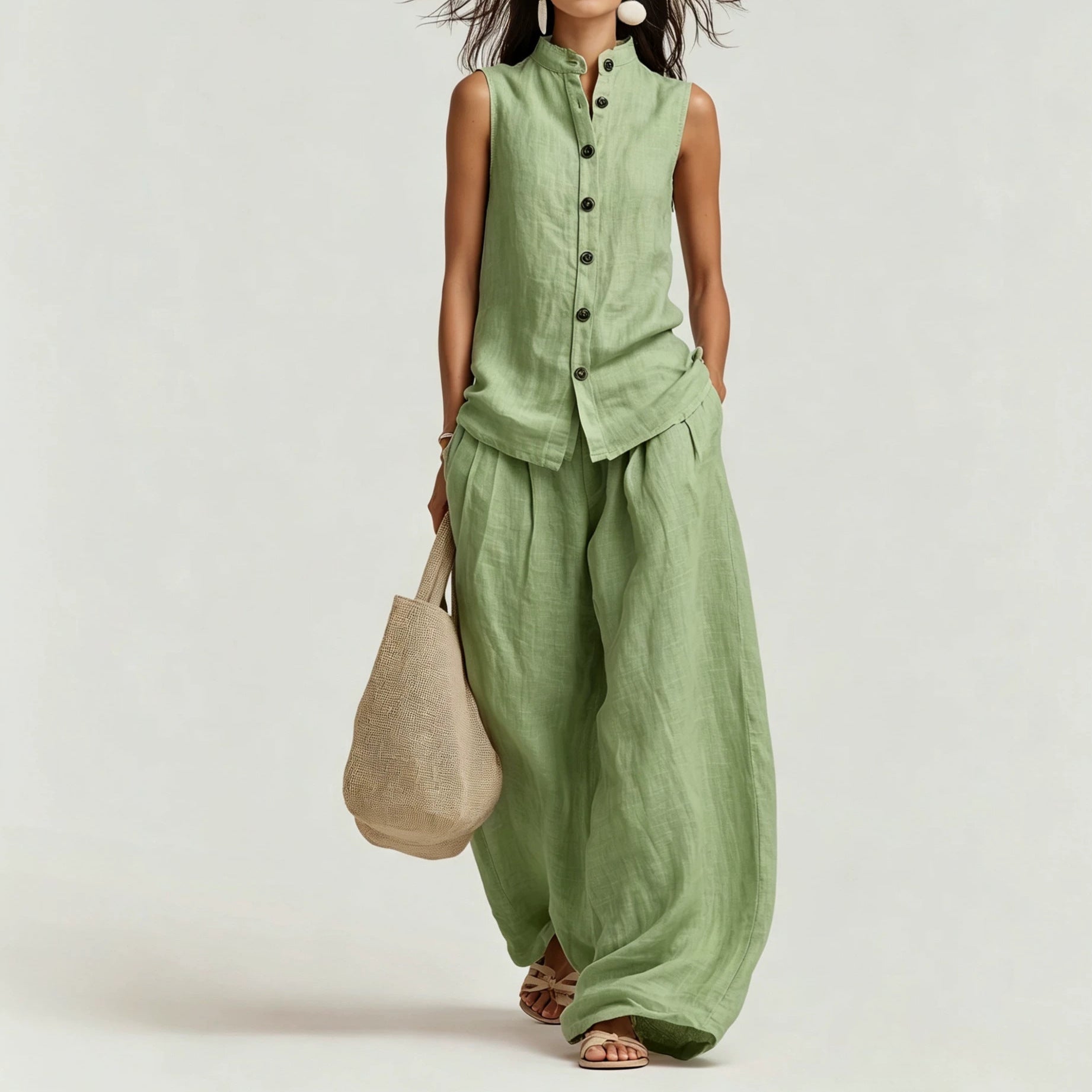 Women's Cotton-Linen Sleeveless Crewneck Vest & Pants Set