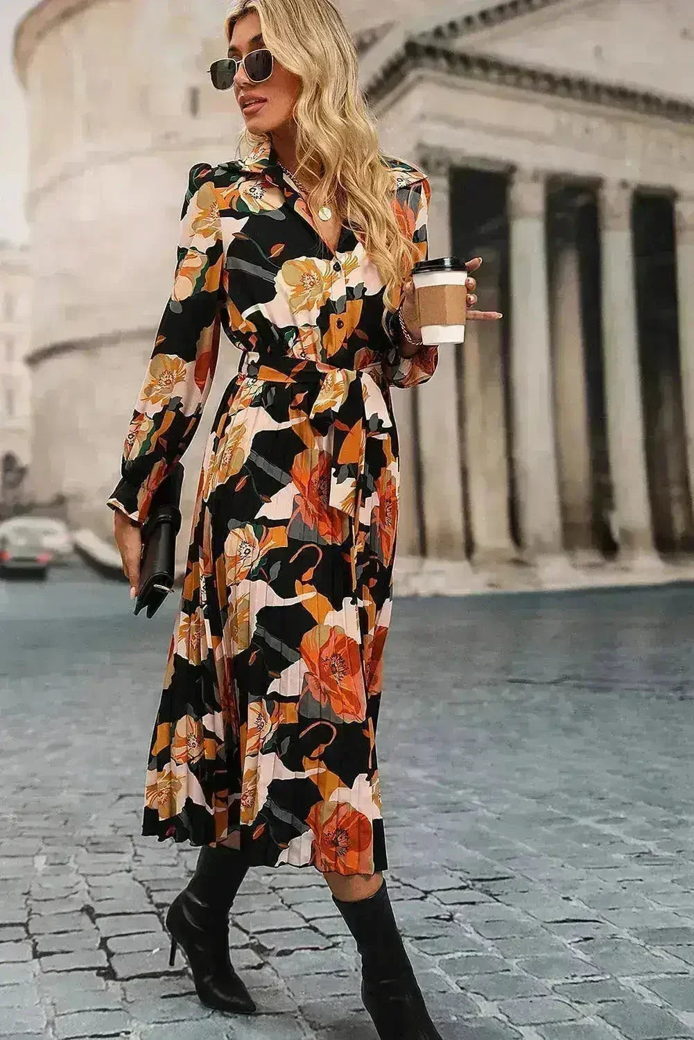 Femstylo floral pleated shirt dress with waist tie, midi length, lightweight women's clothing perfect for casual or dressy occasions.
