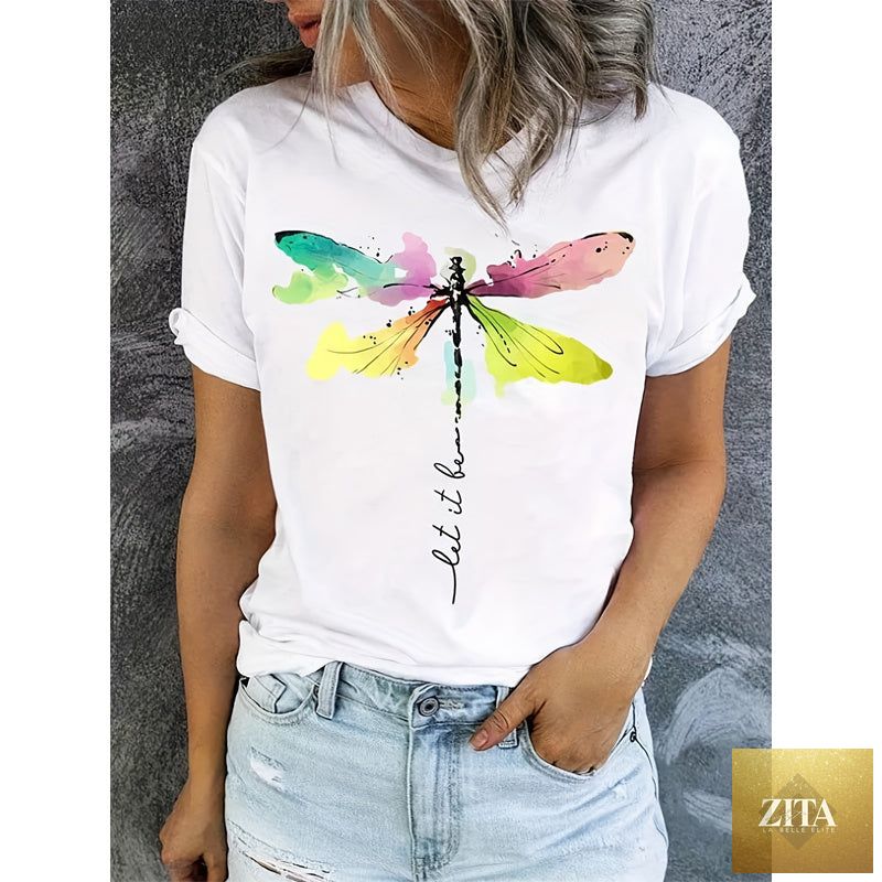 Zita La Belle Elite casual short sleeve T-shirt with a colorful dragonfly pattern and round neck, perfect for everyday wear.