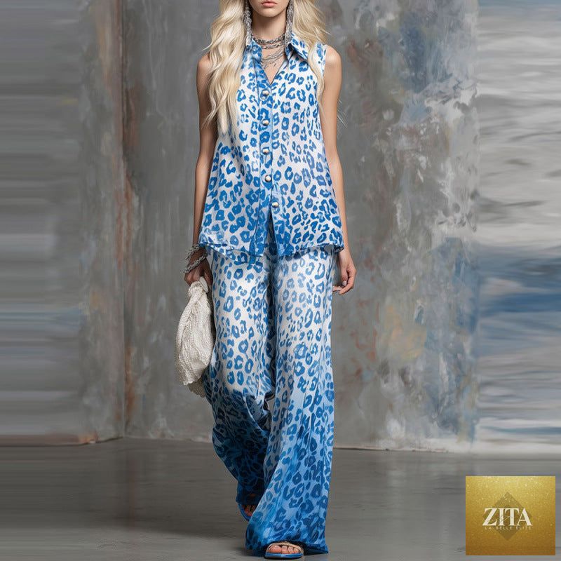 Zita La Belle Elite loose-fit leopard-print sleeveless shirt and trousers casualwear two-piece set on a model.