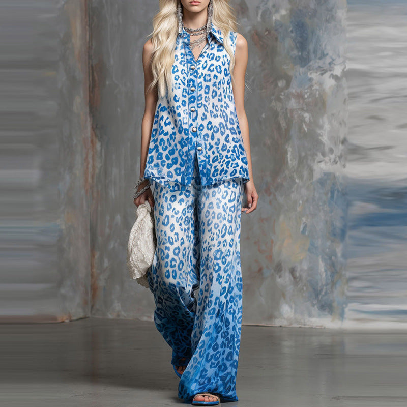 Loose-fit leopard-print sleeveless shirt and trousers two-piece casualwear set by FitiqueFit, shown on a model.