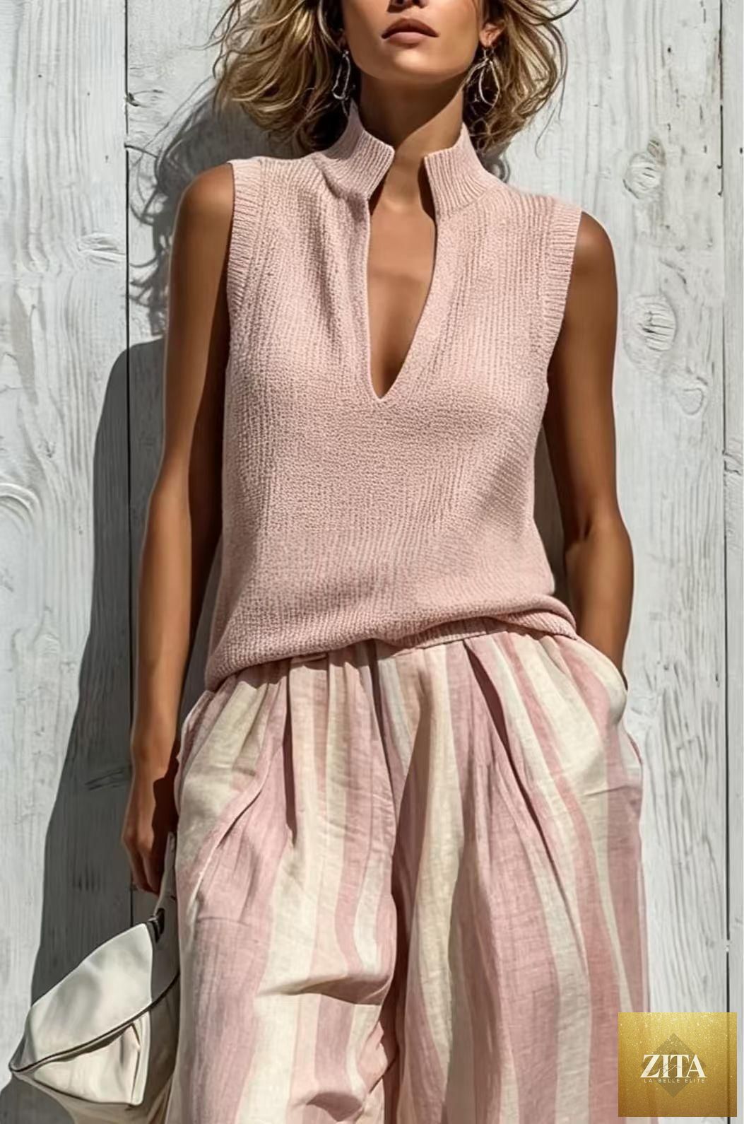 Women's Textured Knit V-Notch Stand Collar Tank & Striped Wide-Leg Palazzo Pants Set