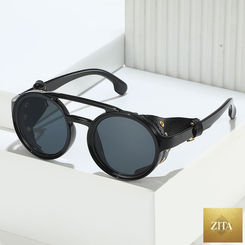 Retro round leather frame sunglasses by FitiqueFit featuring vintage style eyewear with dark tinted lenses and brown leather accents.
