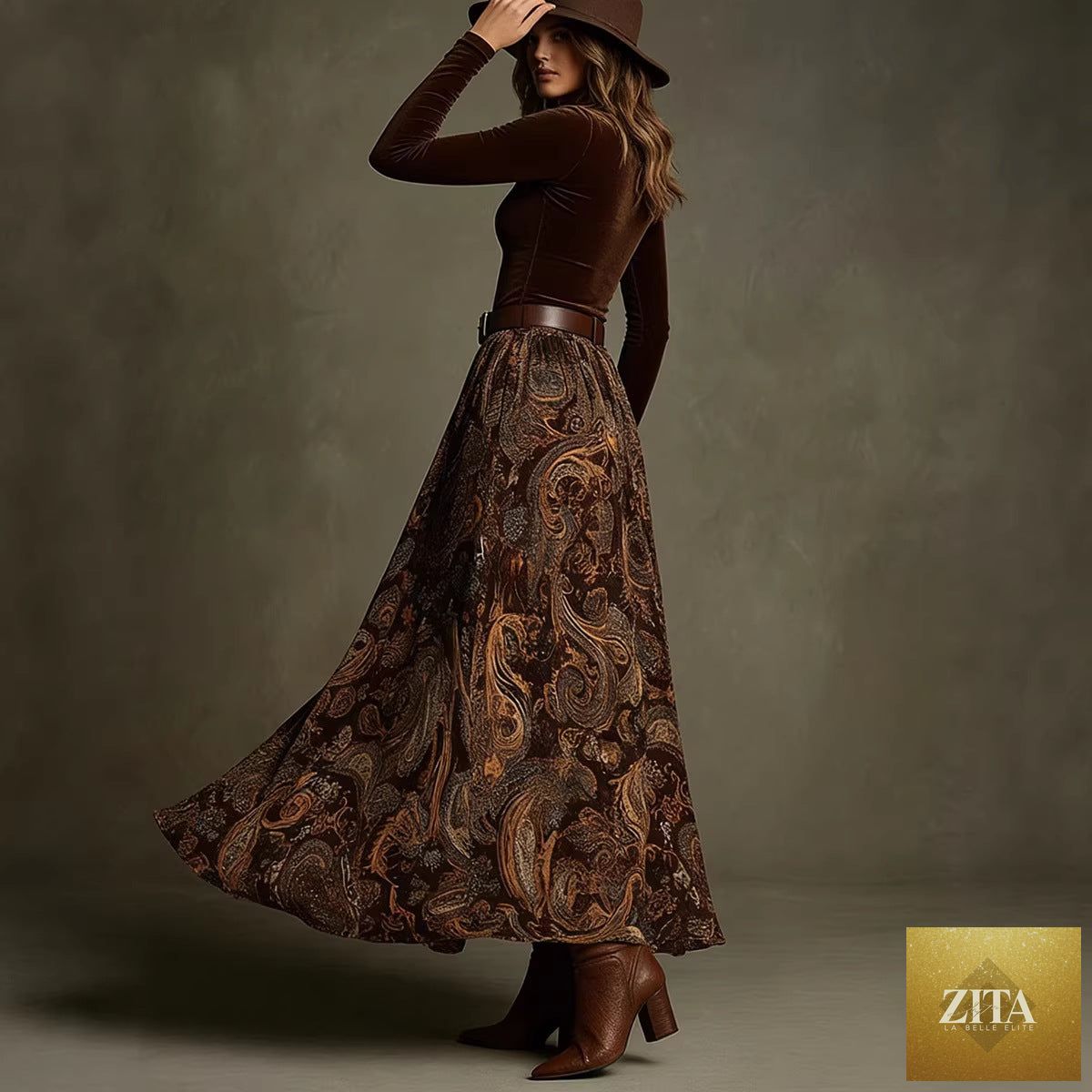 Women's floral print long sleeve skirt set with belt in caramel, casualwear by Zita La Belle Elite, featuring a stylish, coordinated look.