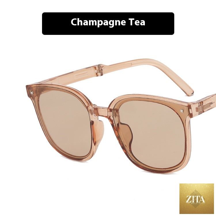 Foldable FitiqueFit sunglasses with case, available in multiple colors, featuring sleek eyewear design and compact storage.