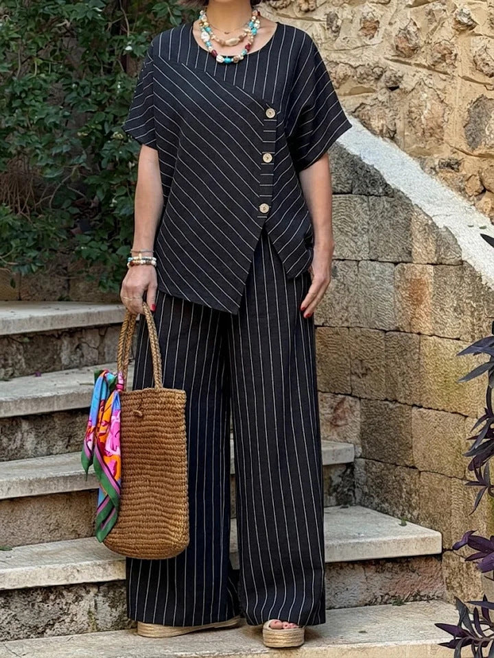 FitiqueFit striped shirt and loose pants set, casualwear with three-quarter sleeves, featuring a stylish two-piece design.