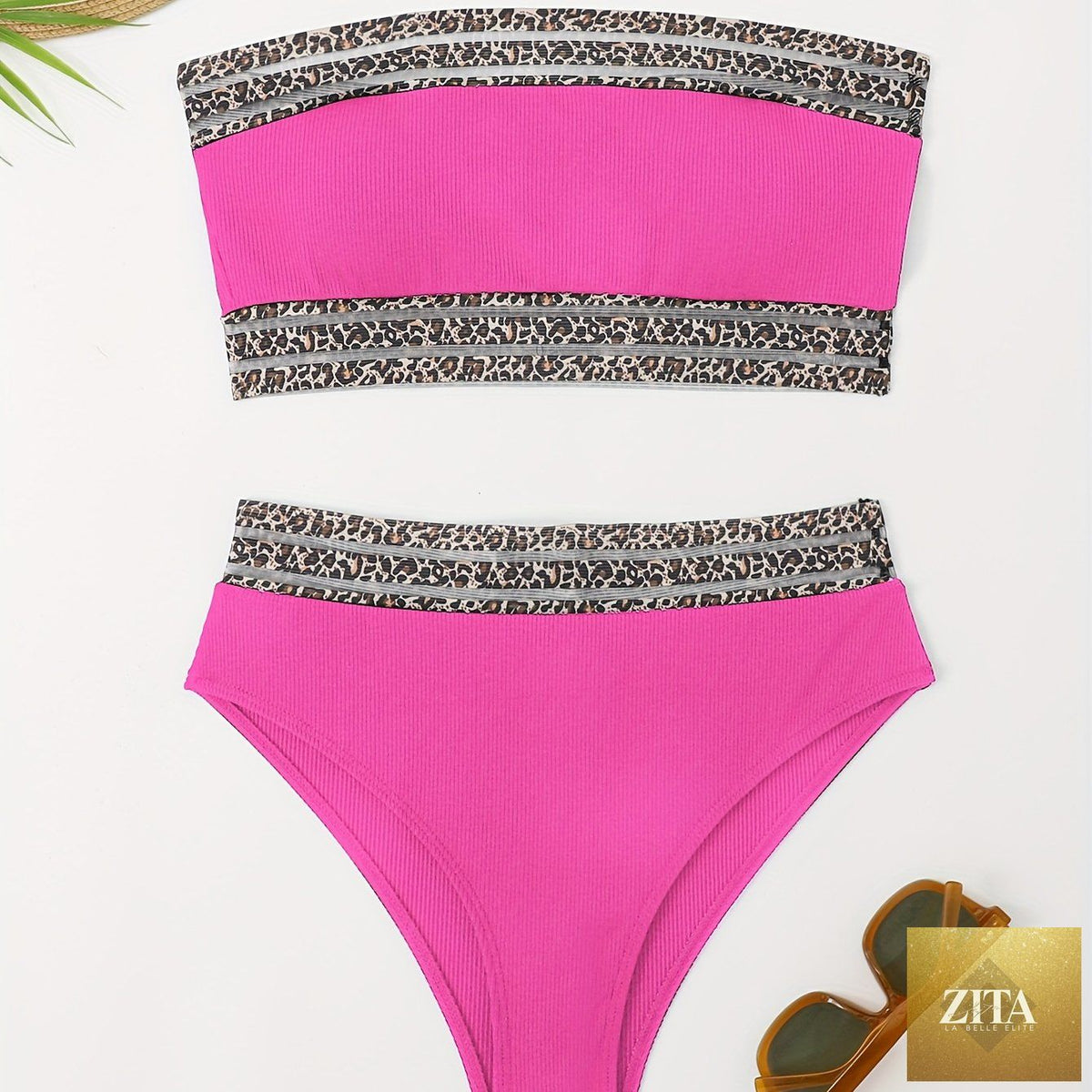 Stevvex leopard print bikini set with high waist bandeau top, mesh details, and a flattering fit for summer beach and poolside wear.