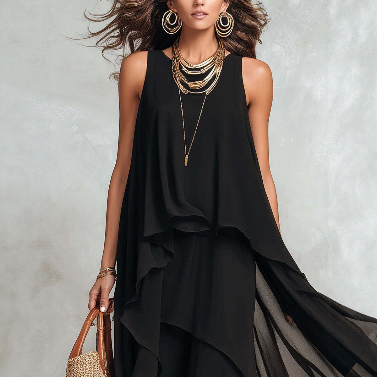 Black asymmetrical ruffle mesh chiffon sleeveless maxi dress by FitiqueFit, featuring a flowing design and elegant casualwear style.