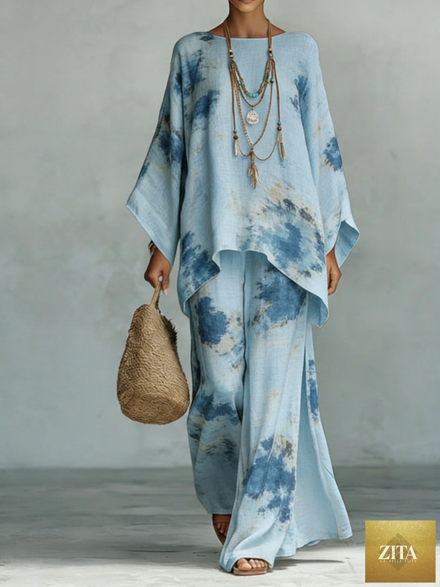 Zita La Belle Elite floral print bamboo linen two-piece set with wide-leg pants, featuring colorful floral patterns and relaxed fit.