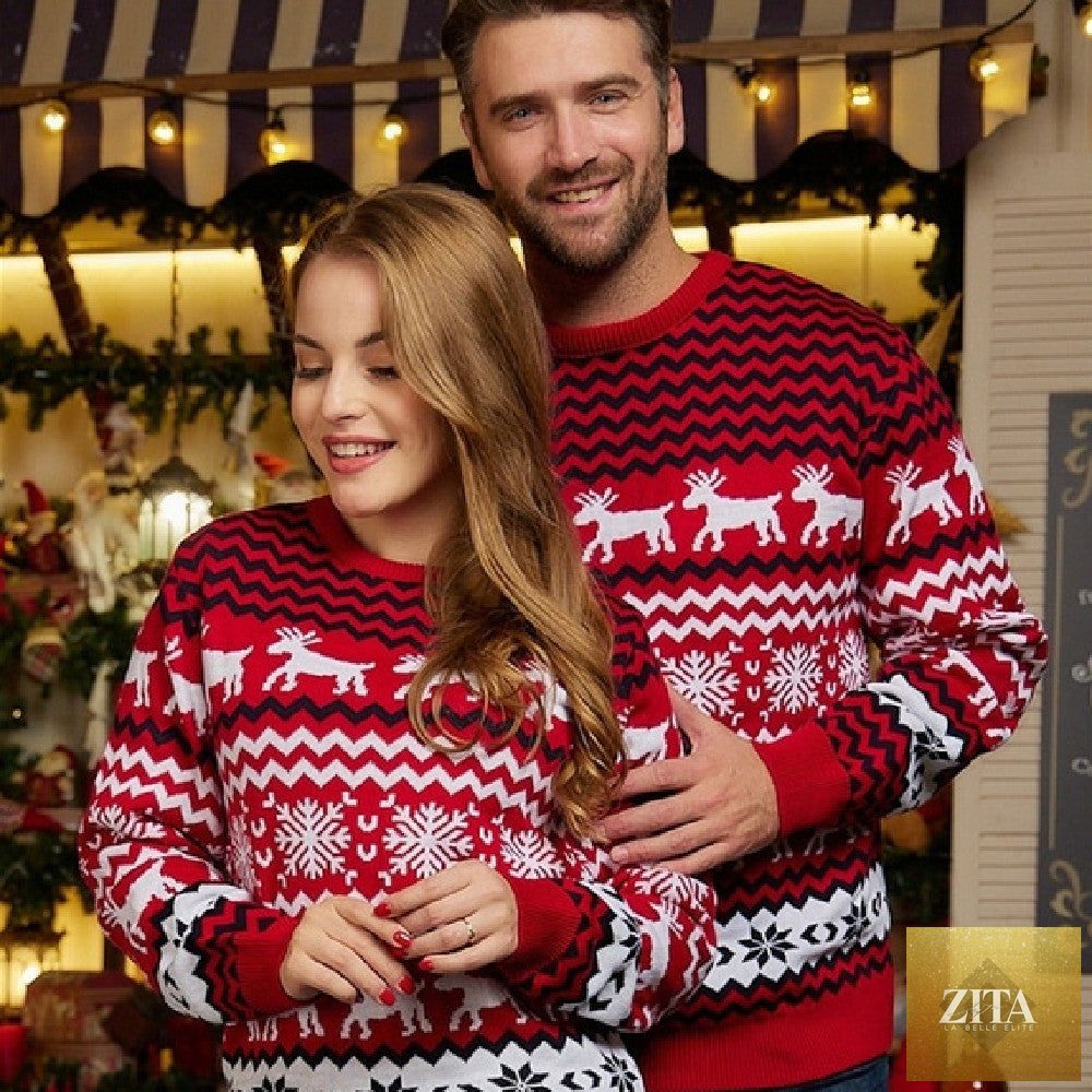 Pair of FitiqueFit American sweaters for couples, featuring stylish European and American fashion design, worn by a couple.