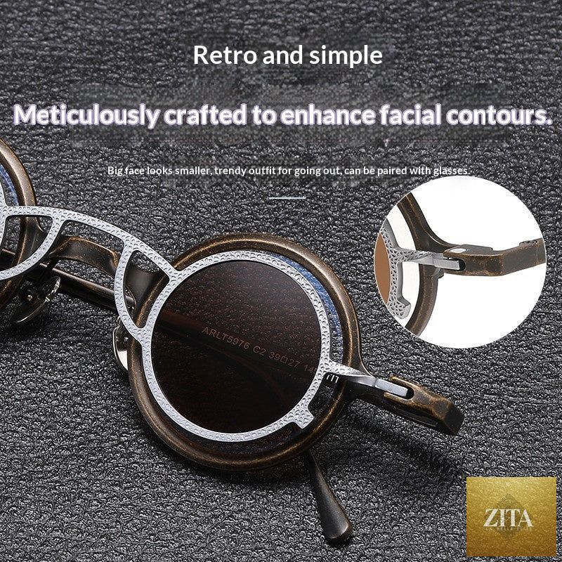 Pure titanium small round sunglasses by FitiqueFit with retro style, featuring sleek metal frames and dark tinted lenses.