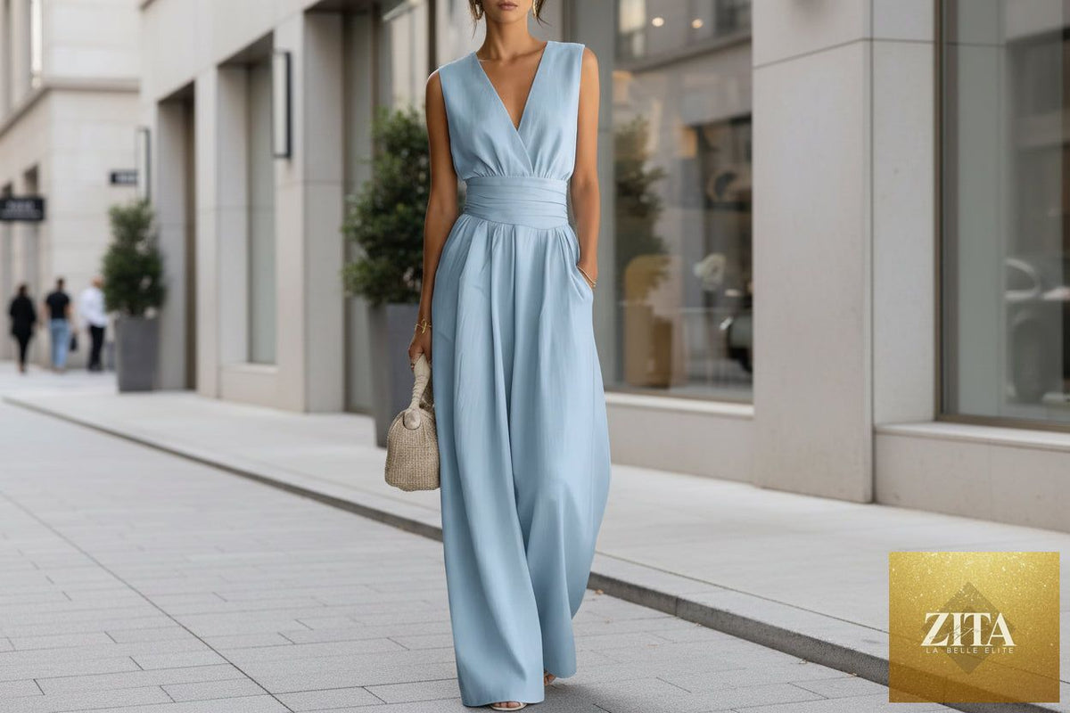 Zita La Belle Elite women's sleeveless V-neck jumpsuit with waist-cinching design and straight-leg casual style, shown in beige fabric.