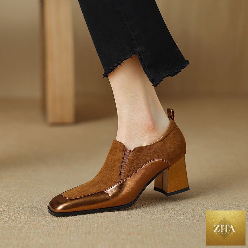 Women's retro cowhide slip-on pumps with square toe and chunky heel, stylish footwear by FitiqueFit.