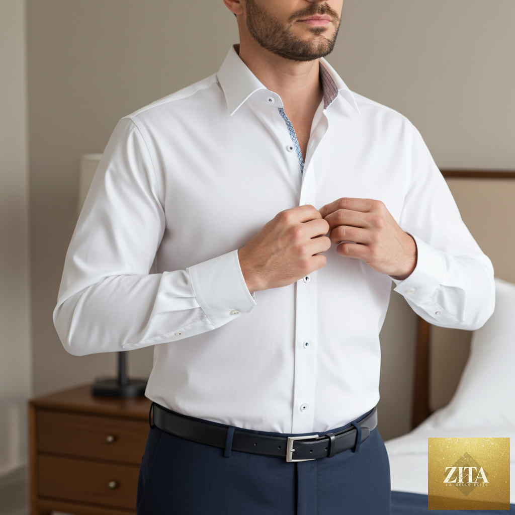 White LEVINAS® cotton knit-stretch button-up shirt with contrast details, tailored fit, and long sleeves.