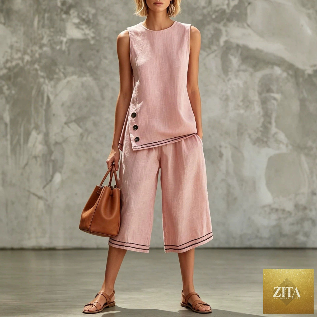 Zita La Belle Elite women's tank top and wide-leg pants set with side split, pockets, and button details, casual and stylish.
