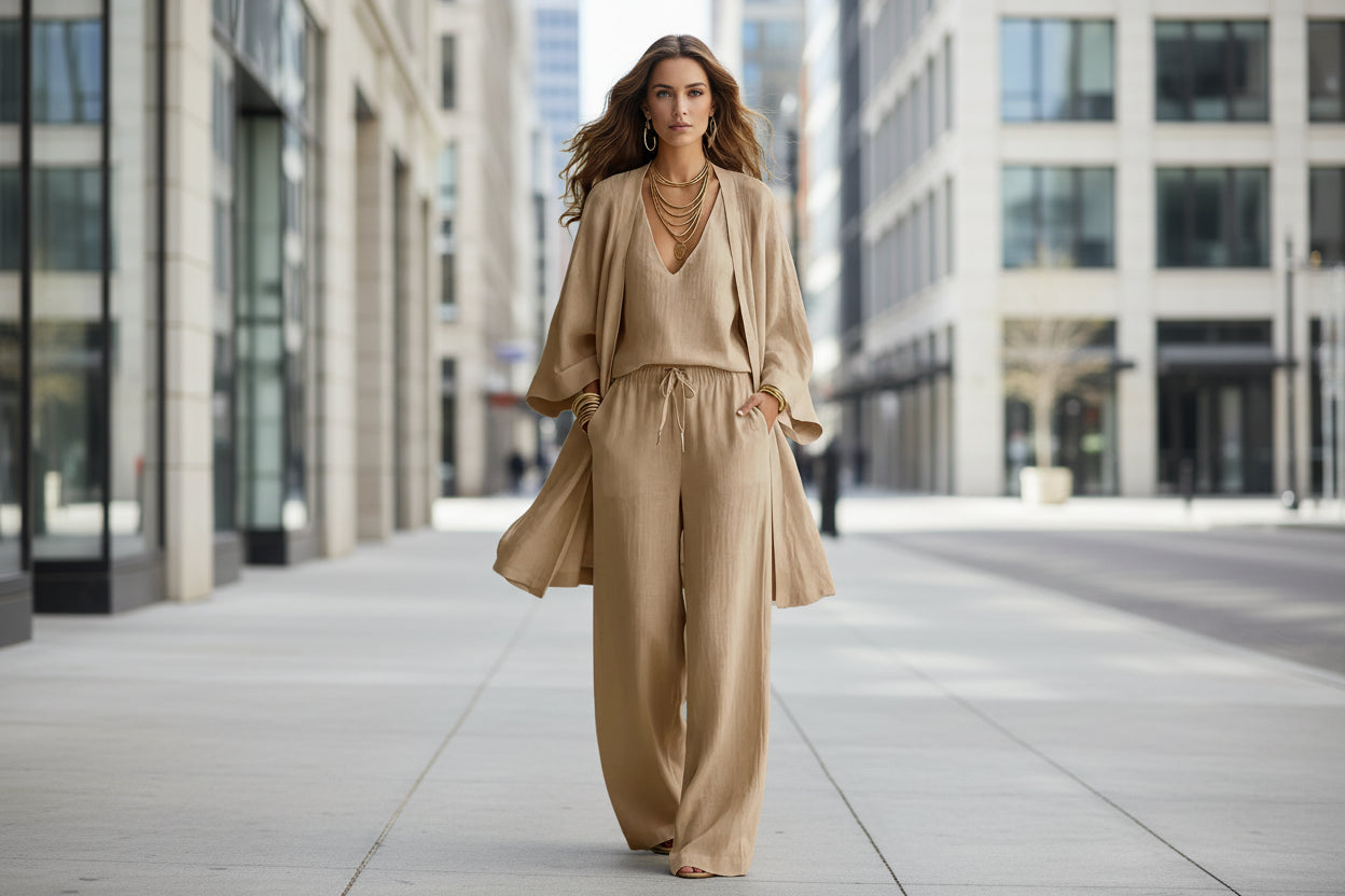 Casual women's V-neck cardigan coat, pocket vest, and long pants three-piece set by FitiqueFit, shown in a stylish neutral color.
