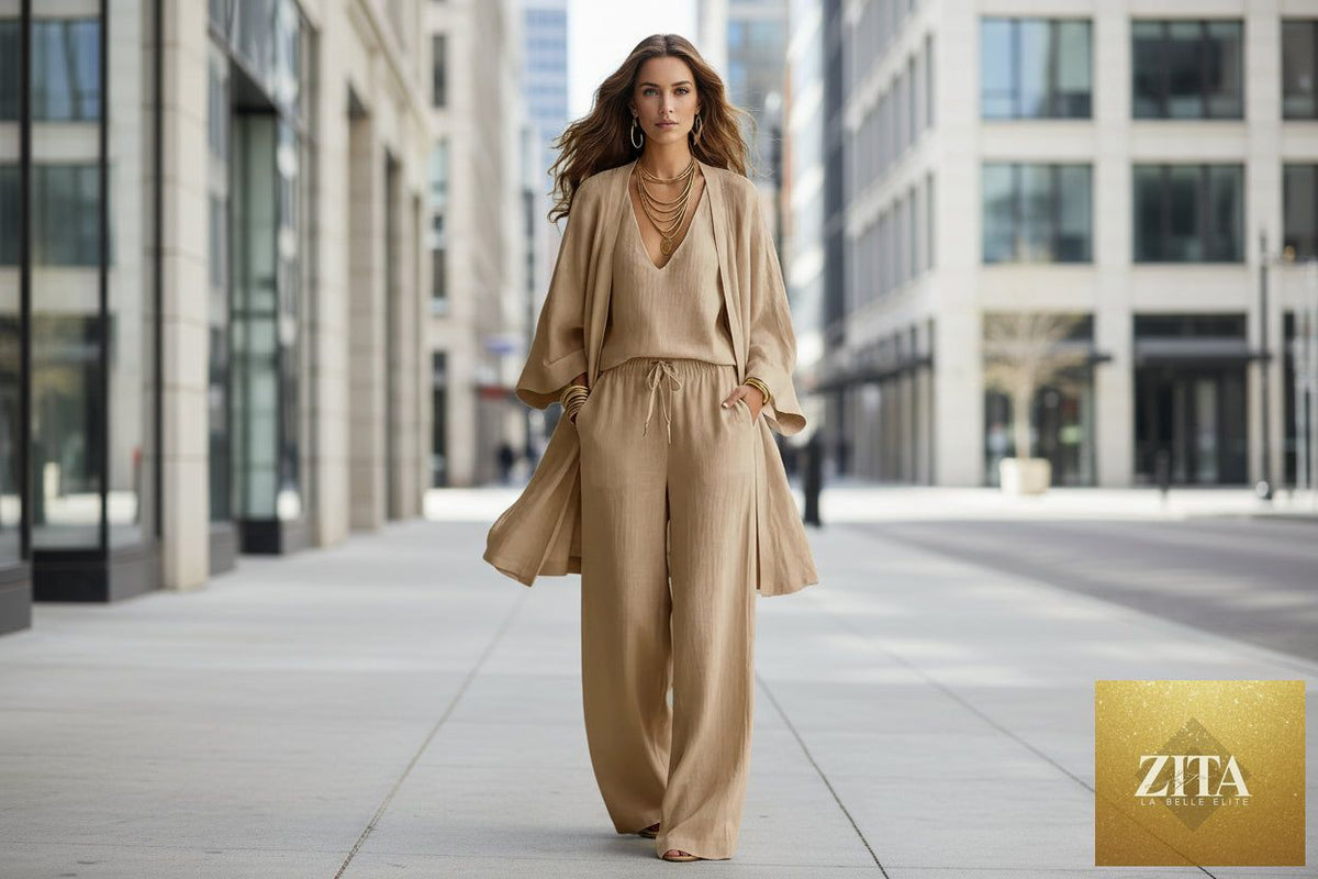 Zita La Belle Elite women's three-piece casual set featuring a V-neck cardigan coat, pocket vest, and long pants.